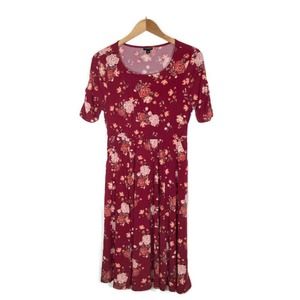 Torrid Dress Size 00 Large Floral Pockets Stretchy Burgundy Tie Back Flare